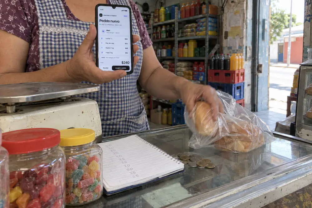 Ejemplo: la dueña de una tienda de abarrotes ve un pedido nuevo en su celular mientras mete el pan en la bolsa